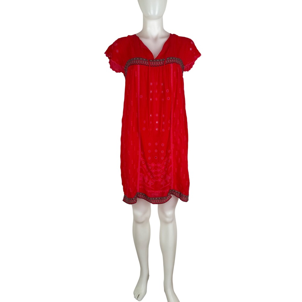Johnny Was Daisy Eyelet Dress Red Embroidered Boho Shift C31619-4 XS NEW
